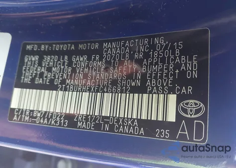 2015 Toyota Corolla S Plus из США, поврежденный, VIN 2T1BURHEXFC466812